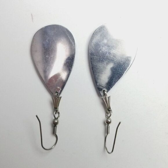 Vintage Blue Striped Radiant Drop Shape Dangle Earrings, Retro Shiny Estate - Picture 3 of 6